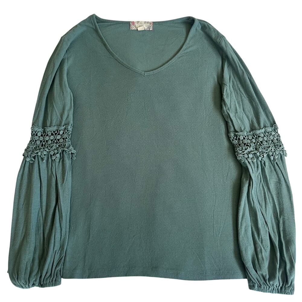 Pink Rose Green Lace Sleeve Blouse M Boho